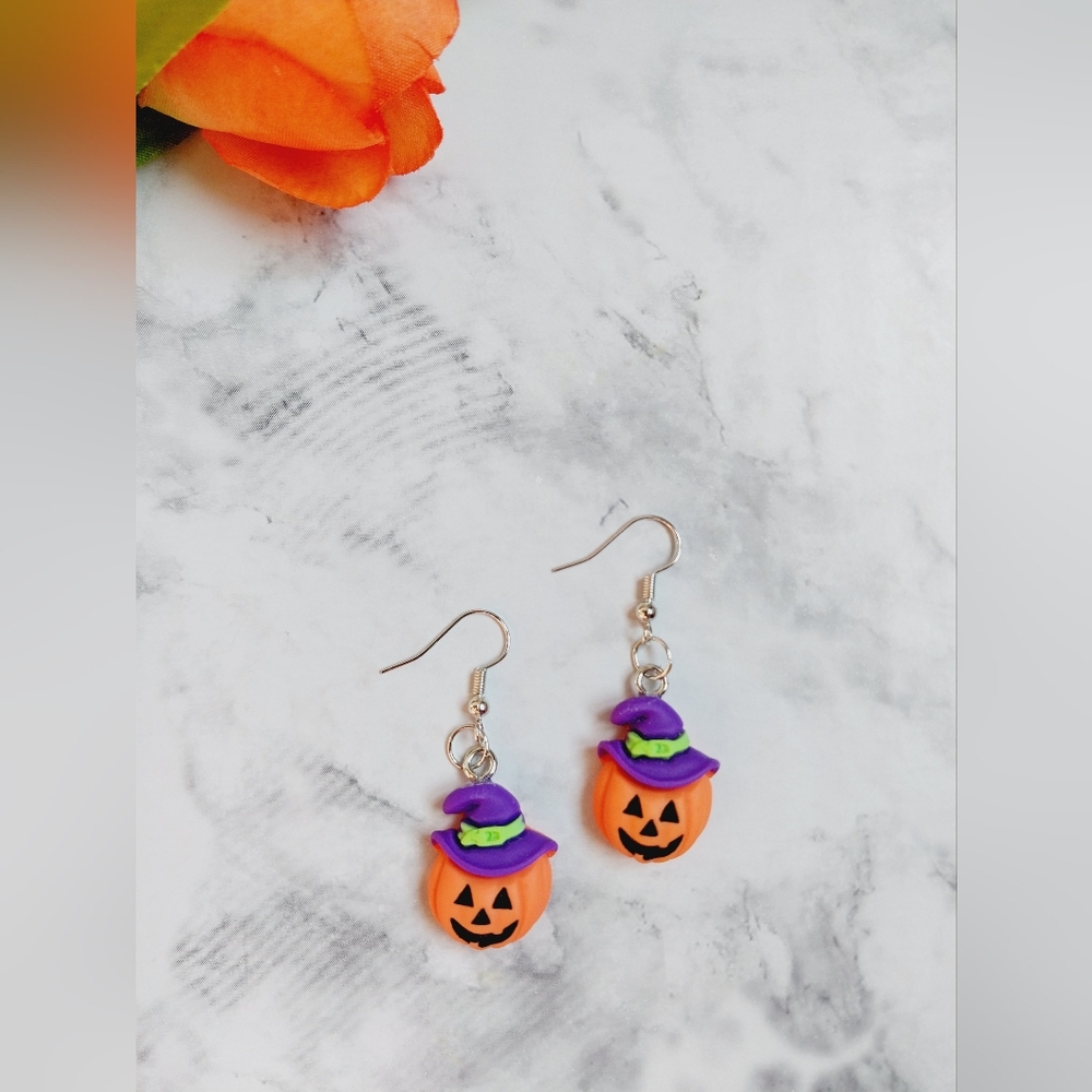 OpalGlaze Halloween Jewelry Jack-O-Lantern Pumpkin Witch Hat Earrings Dangles